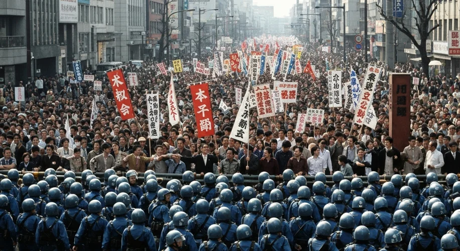 A massive crowd of Japanese protesters, a mix of students and ordinary citizens, are marching throug