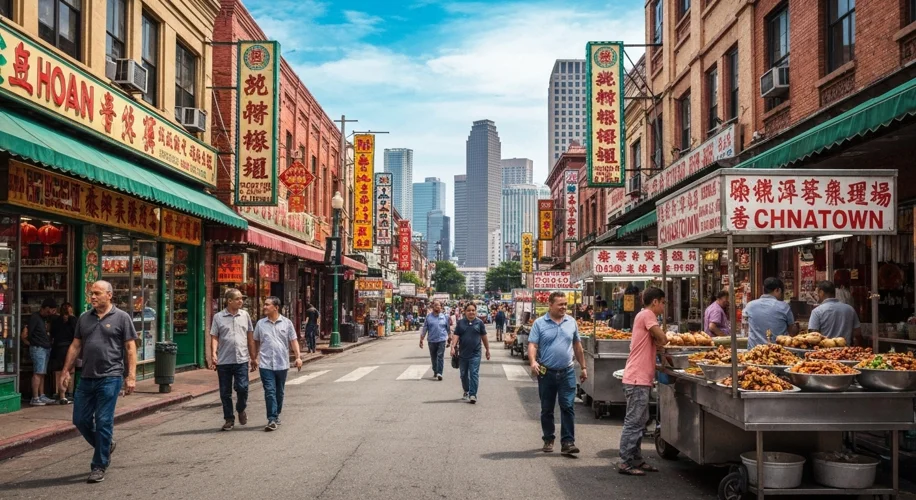 A vibrant, modern photograph of a bustling Houston Chinatown street scene, showcasing colorful shop 