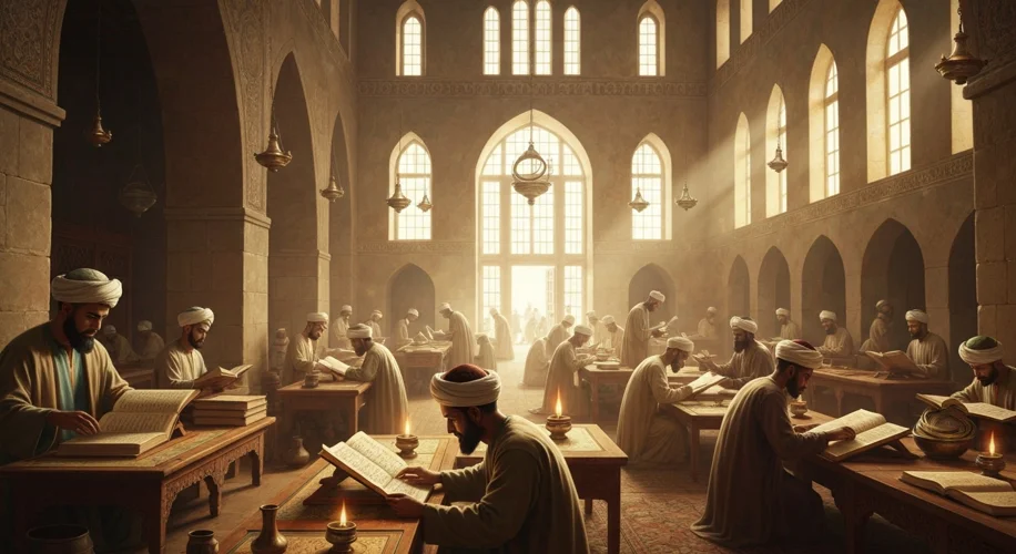 A bustling, grand library interior of the House of Wisdom in Baghdad, with scholars from diverse bac