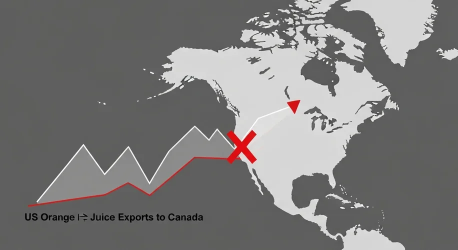 A graphic depicting a downward trend line labeled "US Orange Juice Exports to Canada" superimposed o