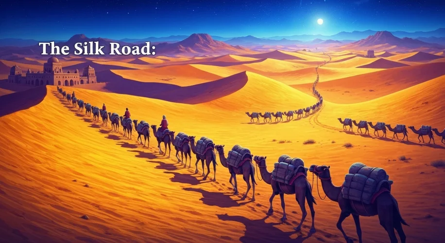 A bustling caravan of camels laden with goods, traversing a vast desert landscape under a starry nig