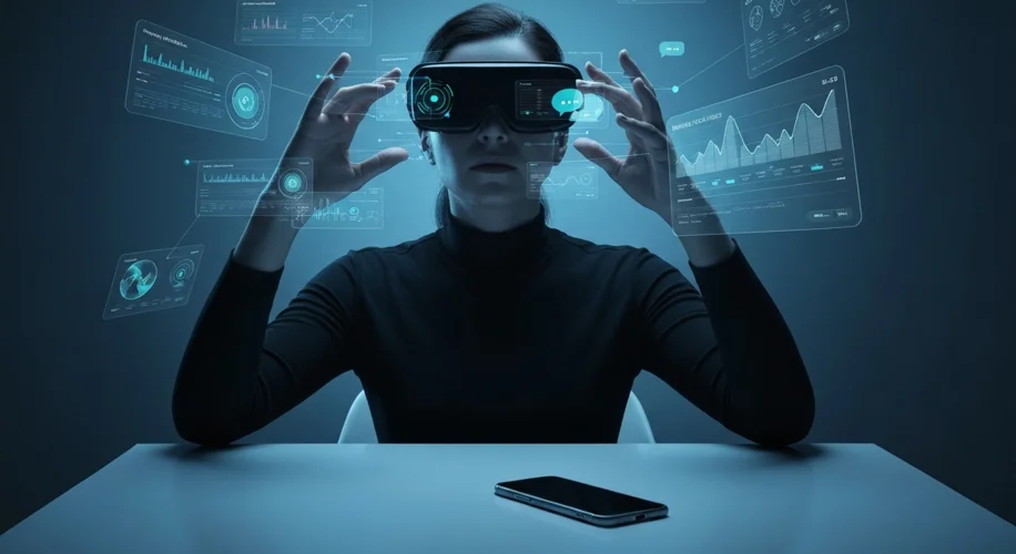 A person wearing sleek, futuristic augmented reality glasses, interacting with floating holographic 