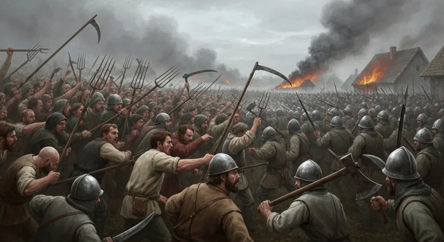 A medieval peasant rebellion scene depicting a group of determined peasants armed with a mix of pitc