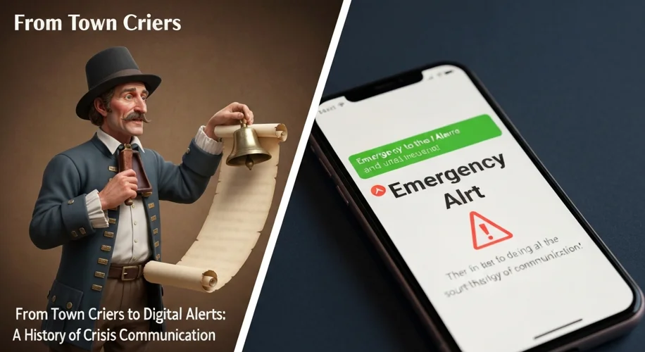 A split image showing a vintage town crier on one side and a modern smartphone displaying an emergen