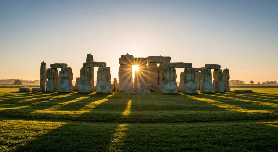 A wide-angle view of Stonehenge at sunrise on the summer solstice, with the sun's rays perfectly ali