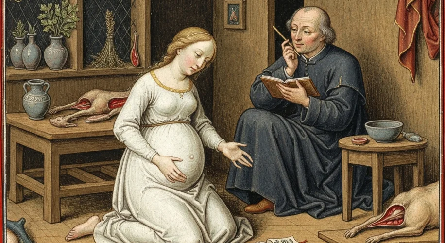 A medieval illuminated manuscript depicting a pregnant woman feeling the first movements of her baby