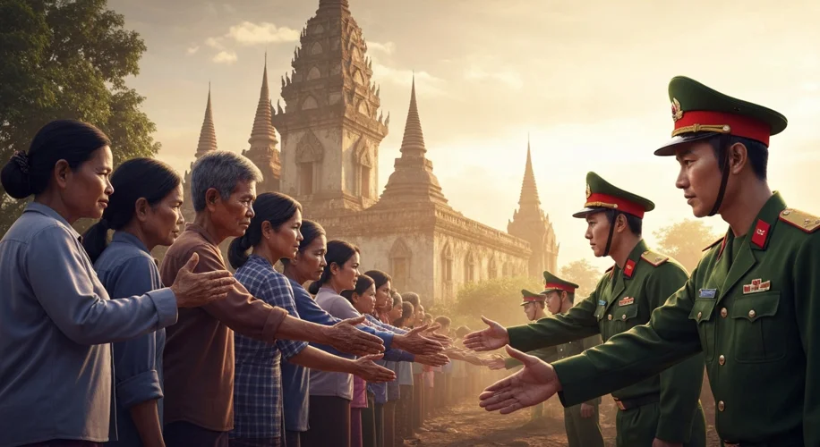 A symbolic image representing the end of the war: Vietnamese soldiers shaking hands with Cambodian c