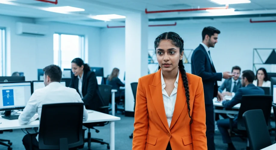 A modern office setting where diverse individuals are being interviewed for a job, emphasizing a mer