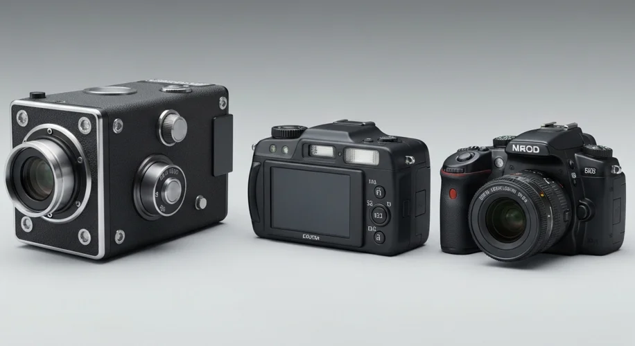 A montage showing the evolution of digital cameras: a clunky 1970s prototype, a mid-1990s consumer d