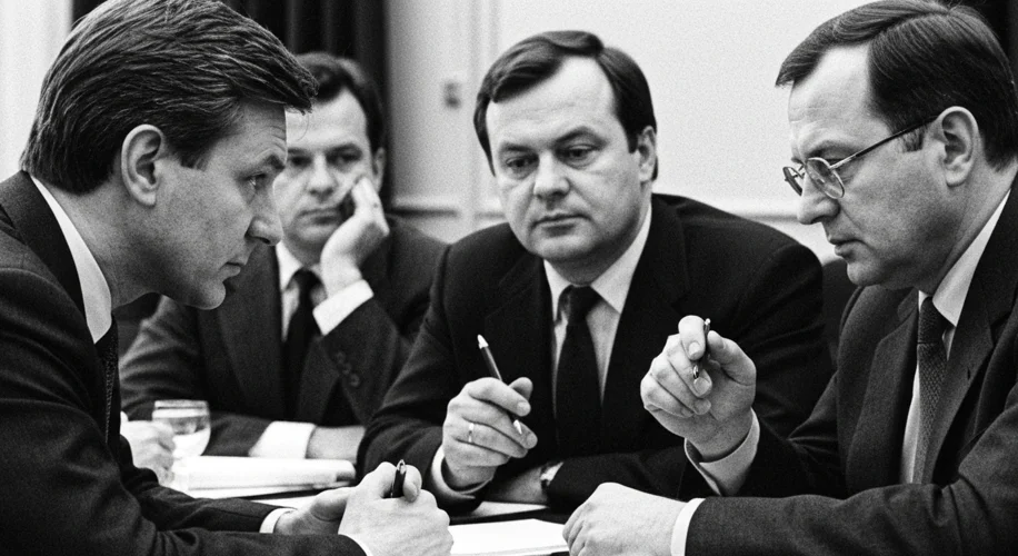 A black and white photograph showing a tense negotiation scene at the Round Table Talks in Poland, 1