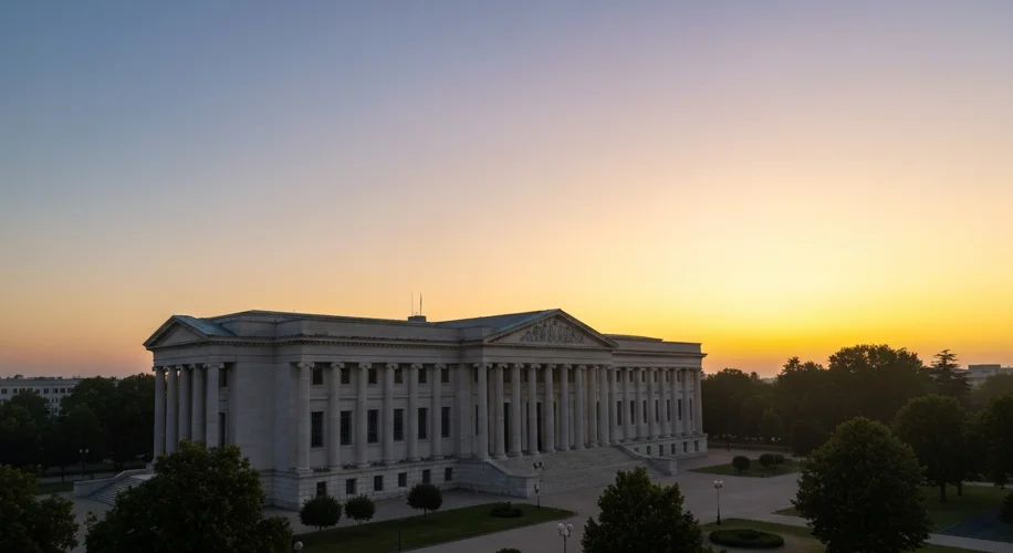 A depiction of the Supreme Court building with a gavel and scales of justice, symbolizing the landma