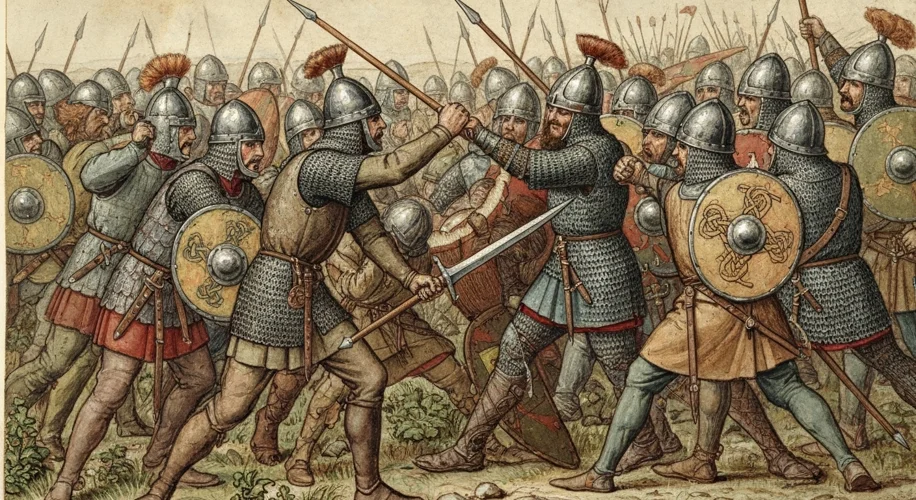 A medieval manuscript illustration depicting Norman knights and Anglo-Saxon soldiers in battle, with