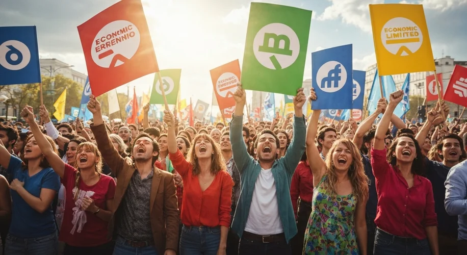 A vibrant, modern Argentinian political rally featuring a charismatic speaker on a stage, with a div
