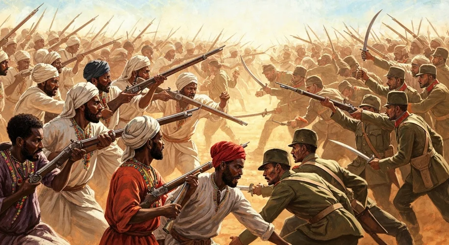 An illustration depicting the Battle of Adwa, showing Ethiopian soldiers in traditional attire, arme