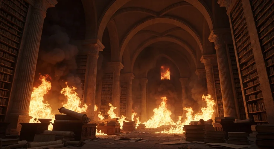 A dramatic depiction of fire consuming scrolls within a library setting, with smoke billowing and sh