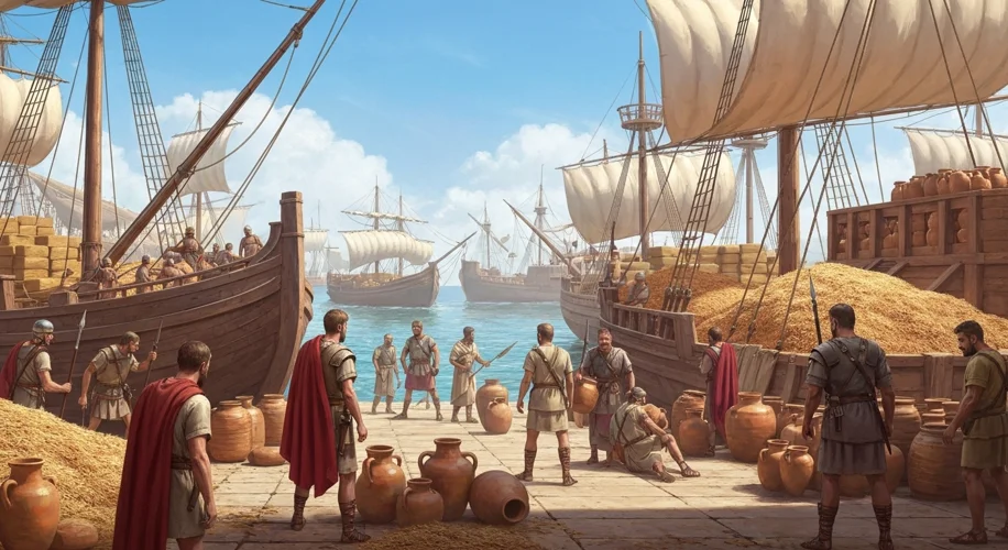 A bustling ancient Roman port with ships unloading grain and amphorae, with Roman soldiers and merch