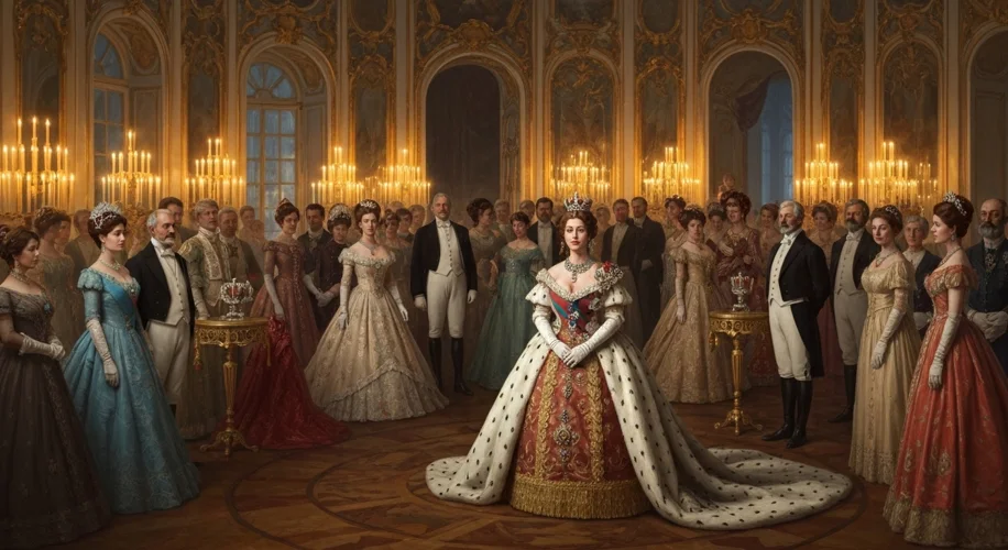 A lavish ball in the Winter Palace, St. Petersburg, with Catherine the Great adorned in jewels, surr