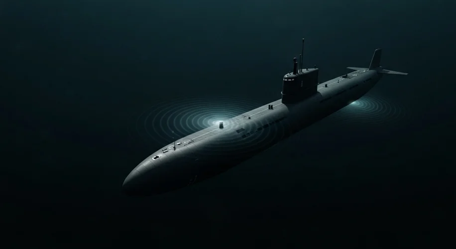 A modern nuclear submarine cruising stealthily beneath the ocean's surface, with sonar waves subtly
