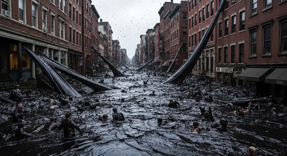 Boston's North End streets submerged in a dark, thick wave of molasses following the tank rupture, w