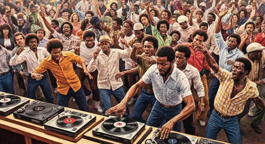 DJ Kool Herc spinning records at a Bronx block party in the 1970s, with a crowd dancing energeticall