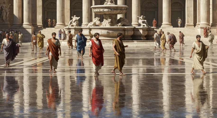A bustling ancient Roman forum with people walking on a wet marble floor, with a fountain in the bac