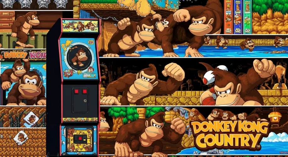 A collage of different Donkey Kong game covers, showcasing his evolution from arcade to modern conso