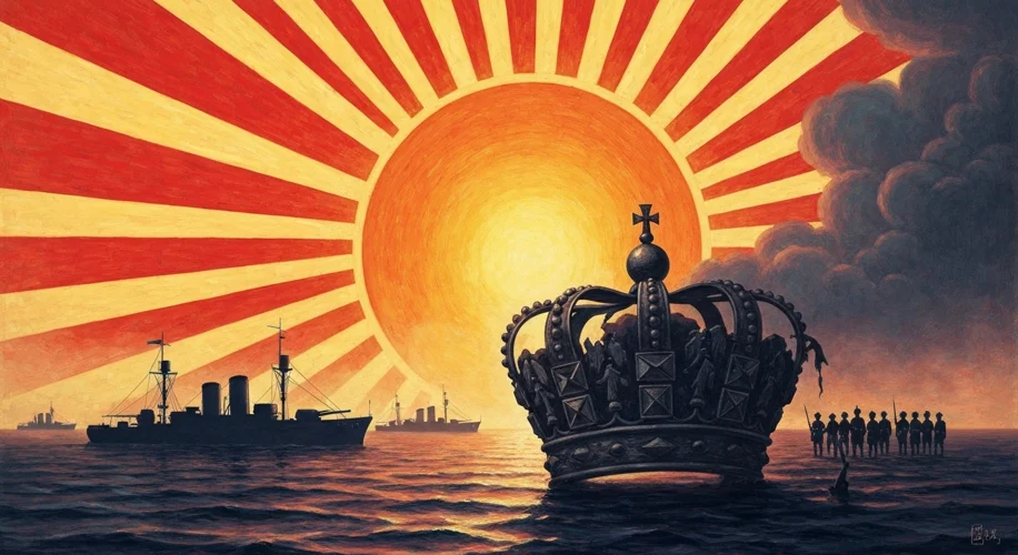 A symbolic image representing the shift in global power after the Russo-Japanese War. A rising sun (