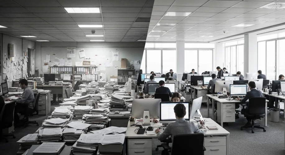 A split image showing two contrasting scenes: on one side, a chaotic, bureaucratic office from the '