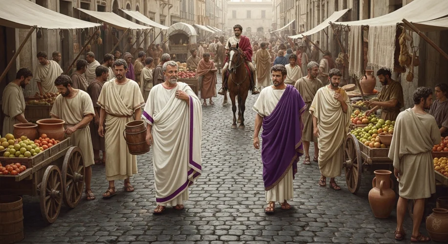 A bustling Roman street scene with distinct social classes depicted: a wealthy patrician in a toga w