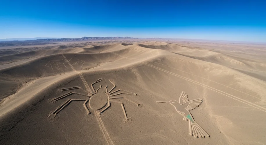 An aerial view of the Nazca Desert in Peru, showcasing several large geoglyphs including a spider, a