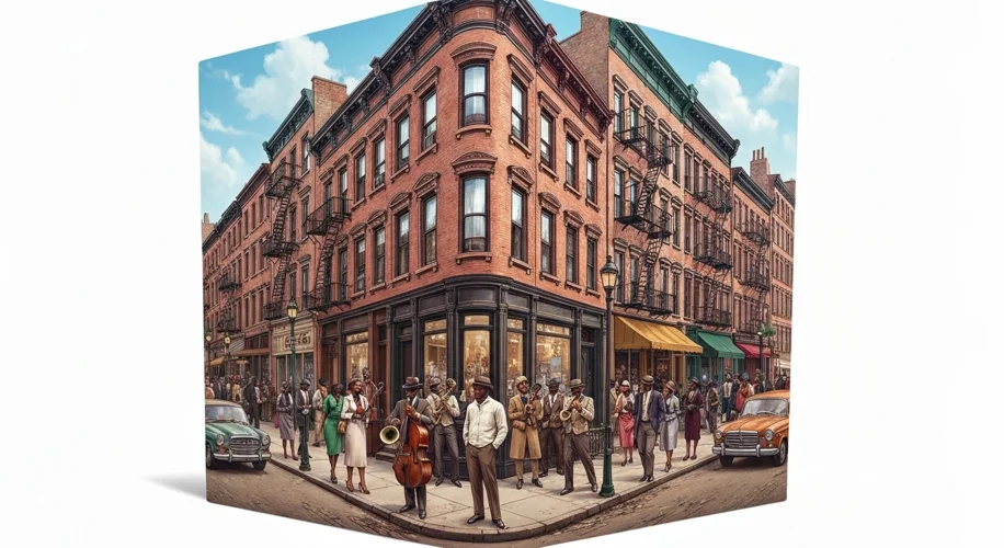 A bustling street scene in 1920s Harlem, with people of color dressed in fashionable attire, jazz mu