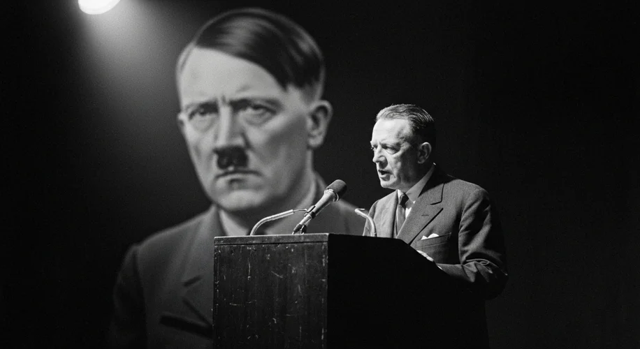 A vintage black and white photograph of Henry Ford speaking at a podium, with a portrait of Adolf Hi