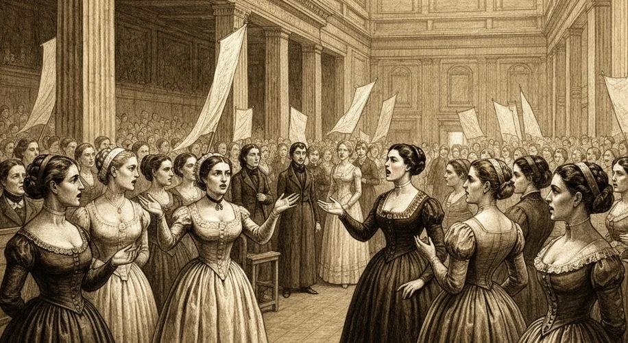 A sepia-toned illustration depicting women gathered at the Seneca Falls Convention in 1848, holding