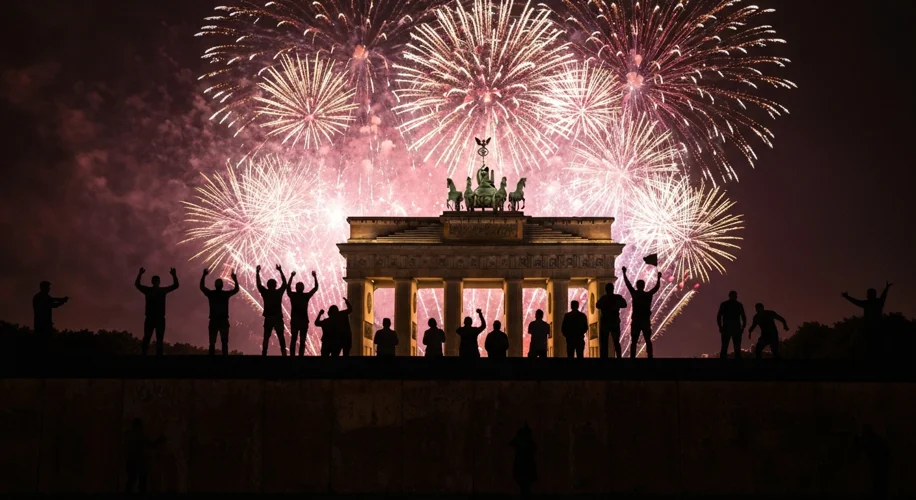 People celebrating on top of the Berlin Wall at the Brandenburg Gate, silhouetted against the night 
