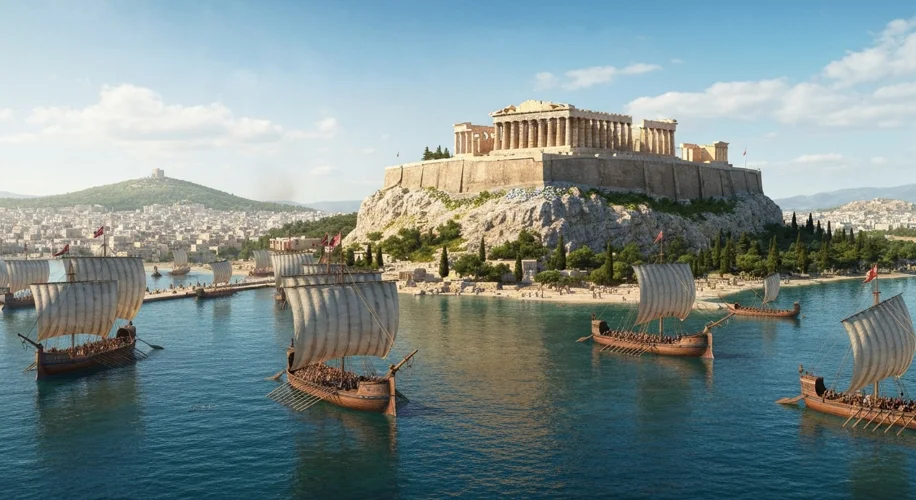 An artist's rendition of the Athenian Acropolis with the Parthenon gleaming in the sunlight, surroun