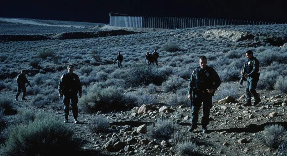 A tense scene at the US-Mexico border in the 1990s, with Border Patrol agents in tactical gear patro