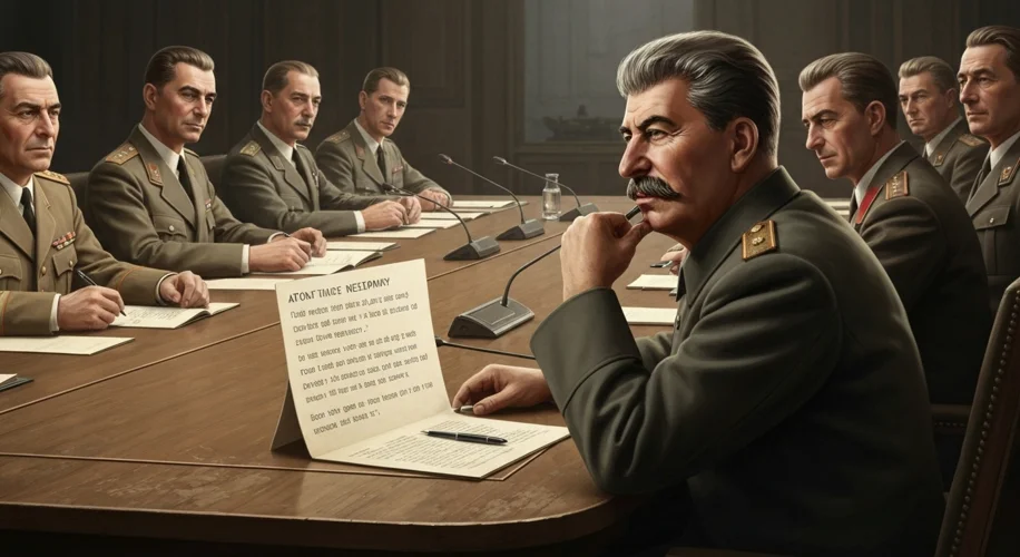 Joseph Stalin, with a stern expression, sits at a conference table, subtly glancing at a decoded mes