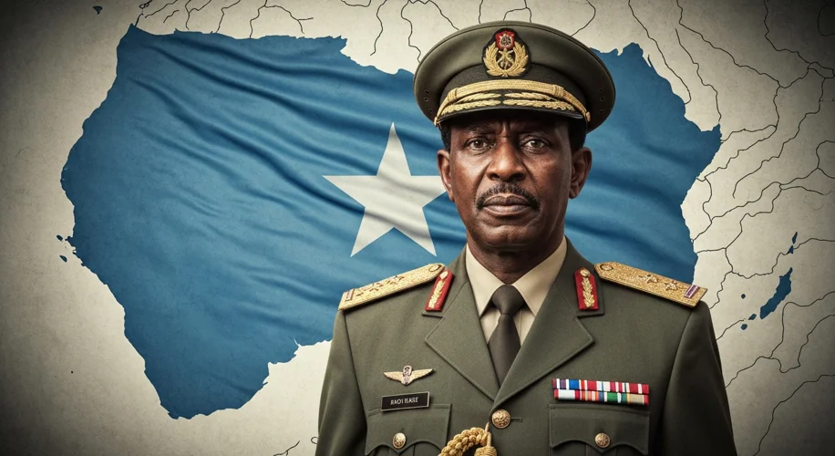 A dramatic image of Mohamed Siad Barre in military uniform, looking resolute, with a backdrop of the