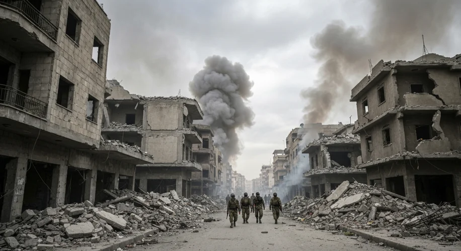 A scene of devastation in Beirut during the Lebanese Civil War. Buildings are in ruins, smoke rises