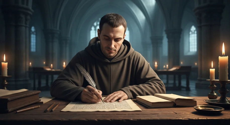 A medieval monk meticulously copying an illuminated manuscript in a dimly lit monastery scriptorium,