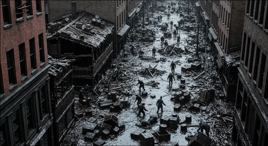 A bird's-eye view of Boston's North End after the Great Molasses Flood. Streets are covered in a thi
