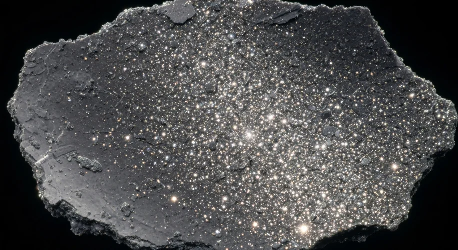 A close-up, highly detailed image of a dark, irregularly shaped sample of asteroid Bennu material, w