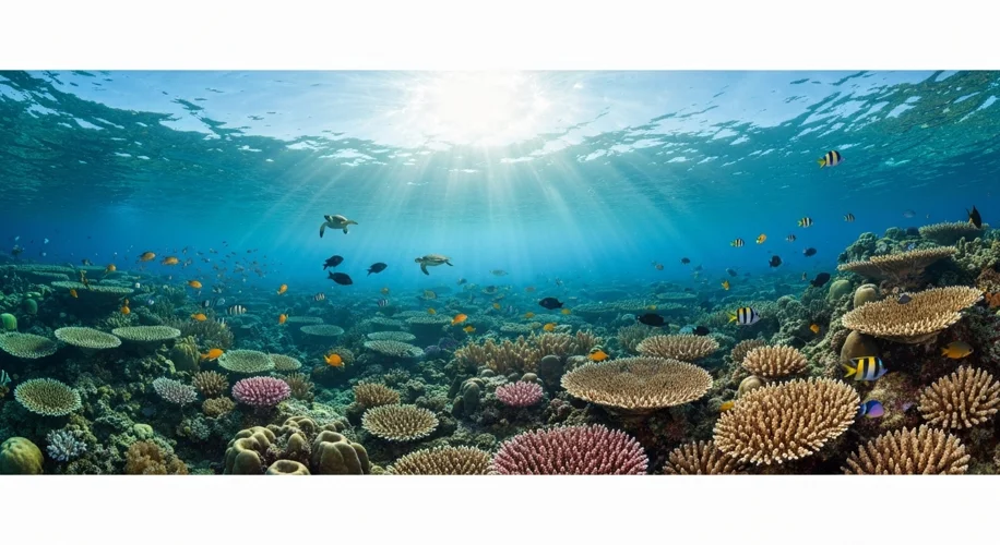 A vibrant coral reef teeming with diverse marine life, including colorful fish, sea turtles, and int