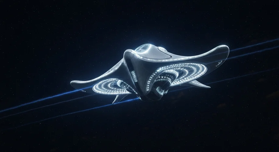A modern, sleek UAP craft, with glowing lights and an aerodynamic, non-conventional shape, depicted 