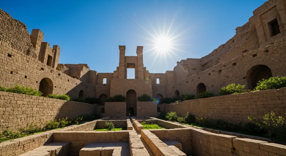 A lush, multi-tiered garden with intricate irrigation channels, exotic plants, and flowering trees, 
