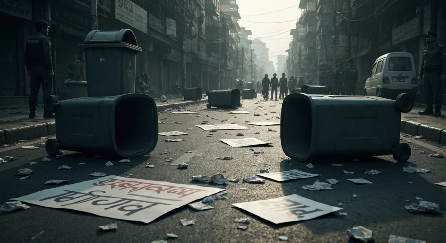 A street in Kathmandu after a protest. Debris litters the ground, including overturned bins and scat