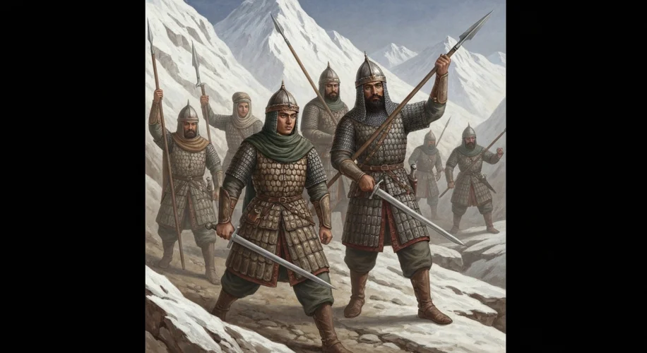 A medieval illustration of Daylamite warriors in the mountainous terrain of northern Iran, clad in d