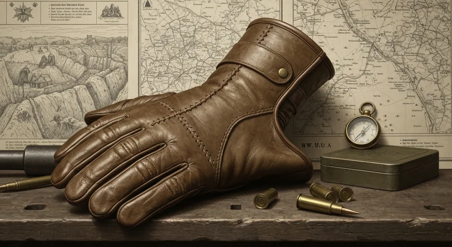 A detailed illustration showing the construction of a WWI British soldier's leather glove, highlight