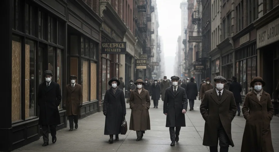 A street scene in a major city in 1918. People are walking with surgical masks covering their faces.