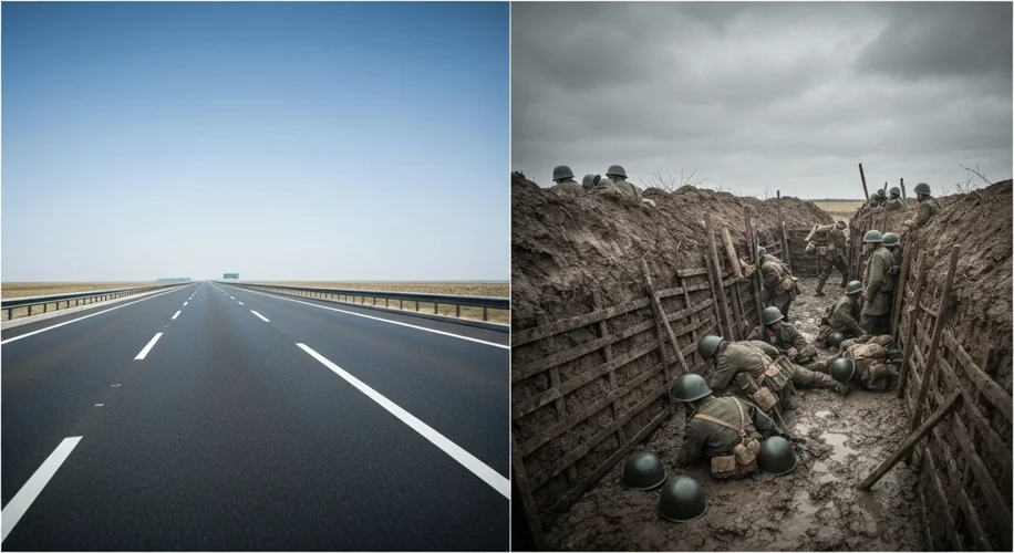 A stark contrast image: one side shows pristine, empty autobahn lanes under a clear sky, symbolizing